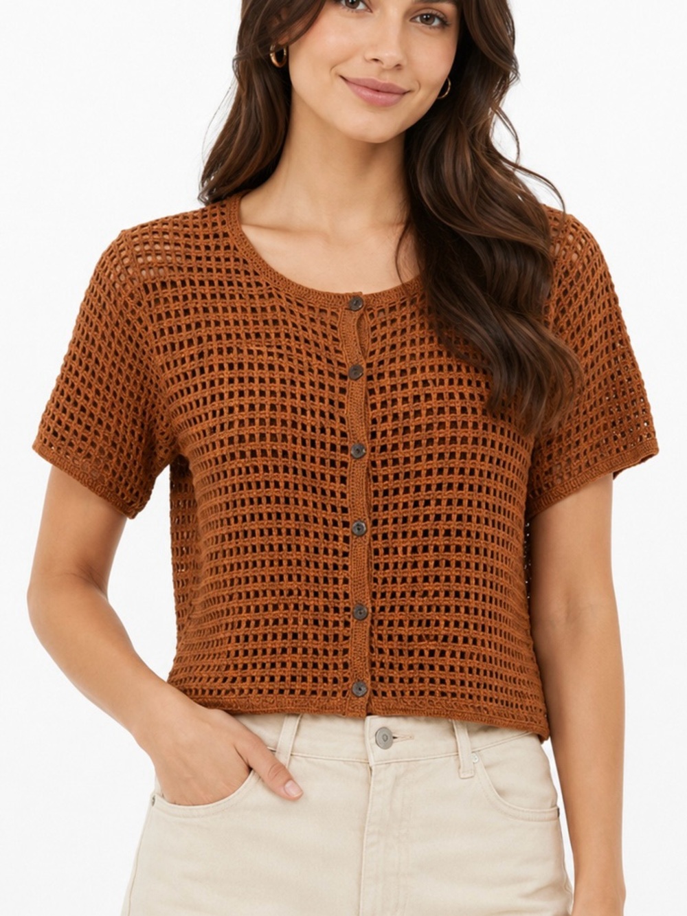 Limited America Juniors M Brown Crochet Open Knit Button Front Shirt